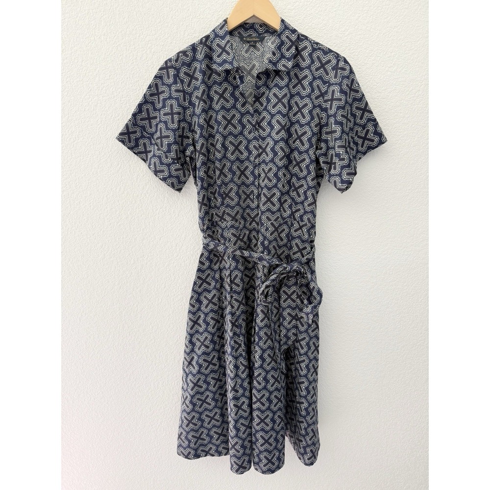 Brooks Brothers Womens Geometric Print Shirt Dress Sz 8 Blue White Buttons Belt